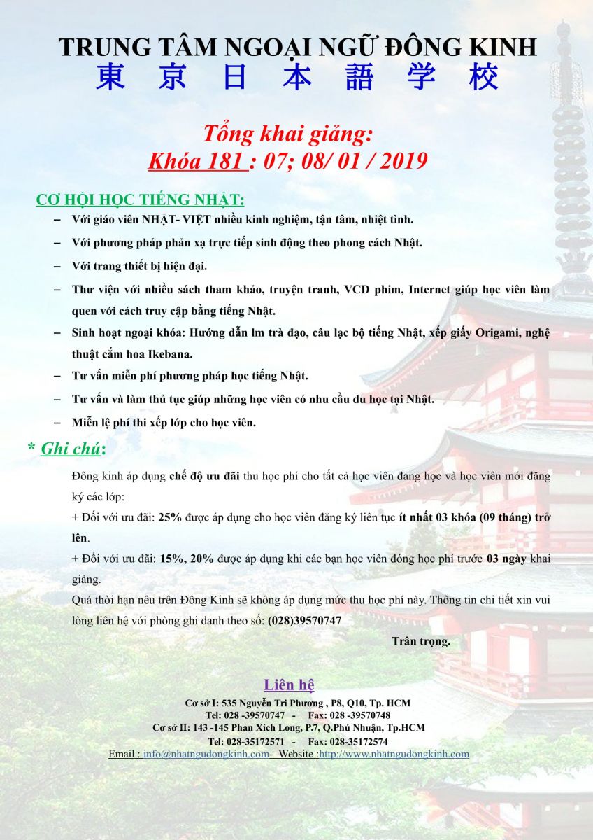 Tổng khai giảng các lớp Nhật ngữ khóa 181 ngày 07 & 08/01/2019