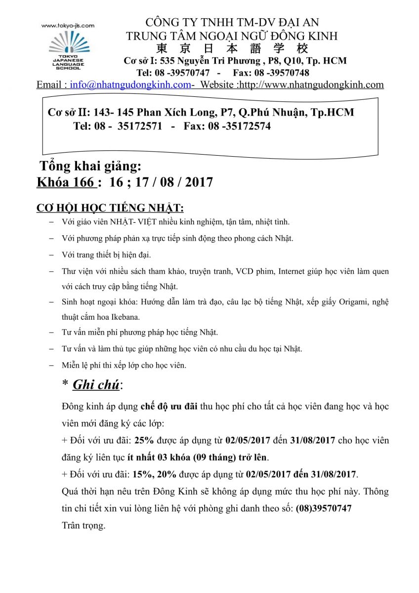 Khóa 166: Khai giảng 16 và 17/08/2017