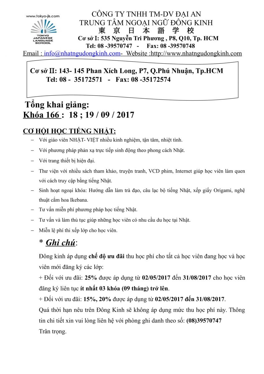 Khóa 167: khai giảng ngày 18 & 19/09/2017